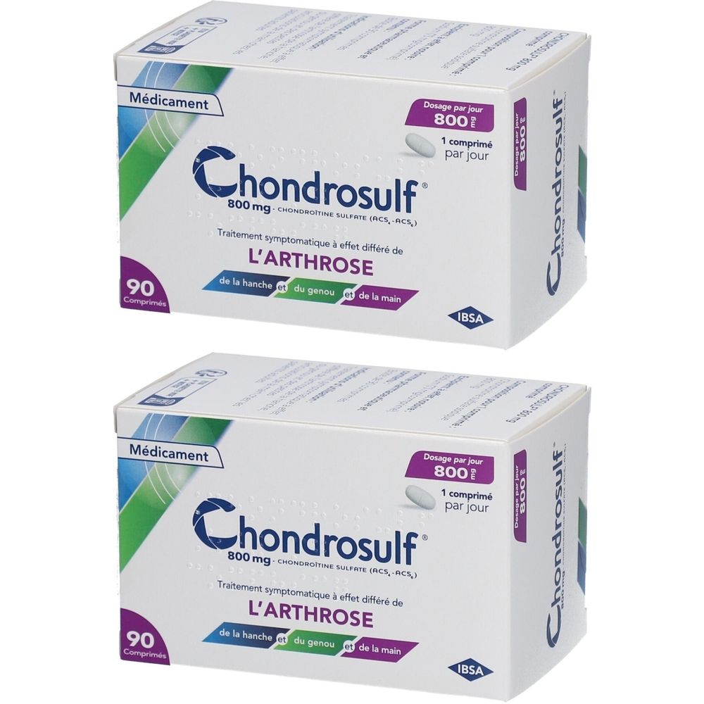Deux boîtes de CHONDROSULF 800 mg. Inscription : 90 comprimés, traitement de l'arthrose. Marque IBSA.