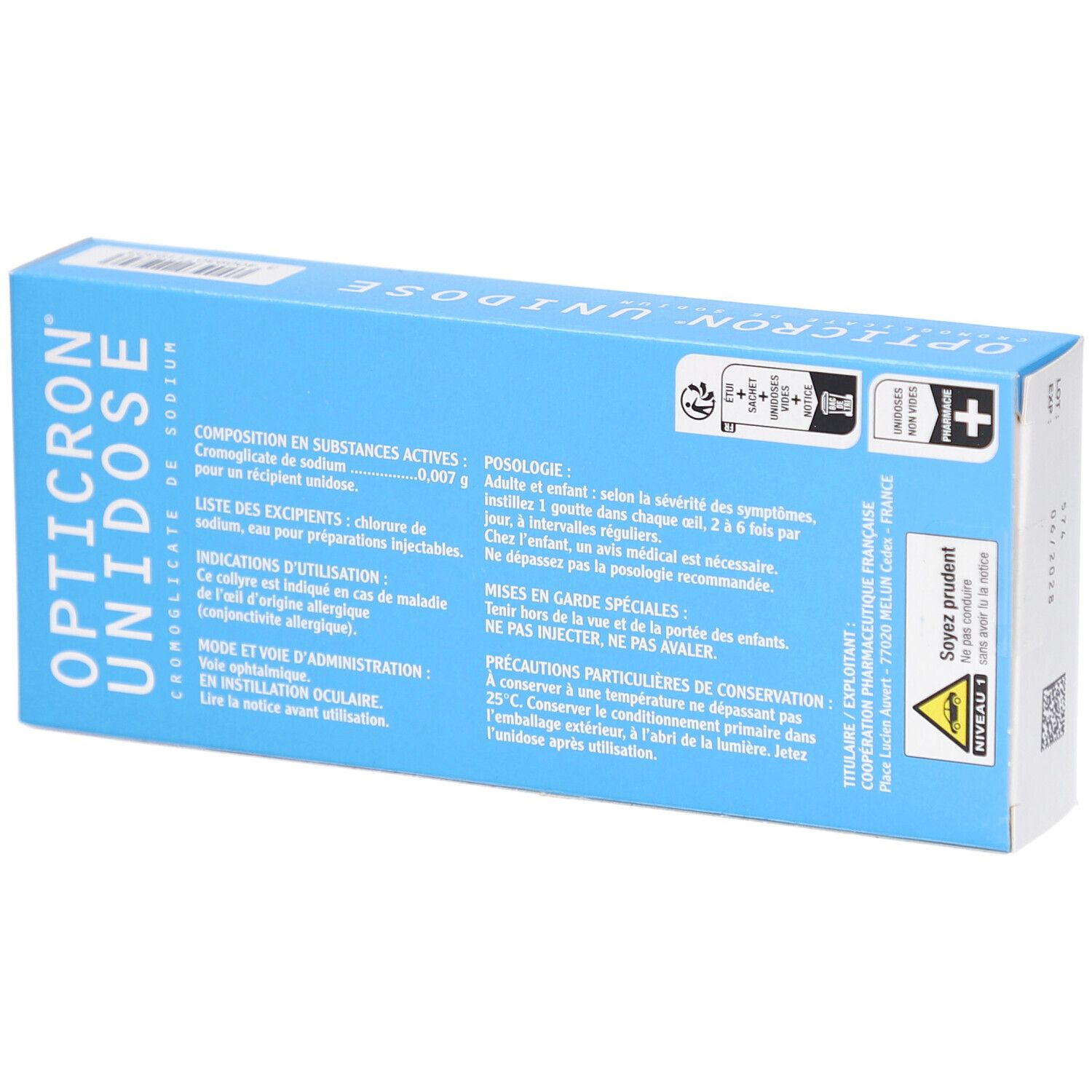 Boîte bleue. Inscription OPTICRON UNIDOSE. Texte et symboles au dos. Informations d'utilisation.