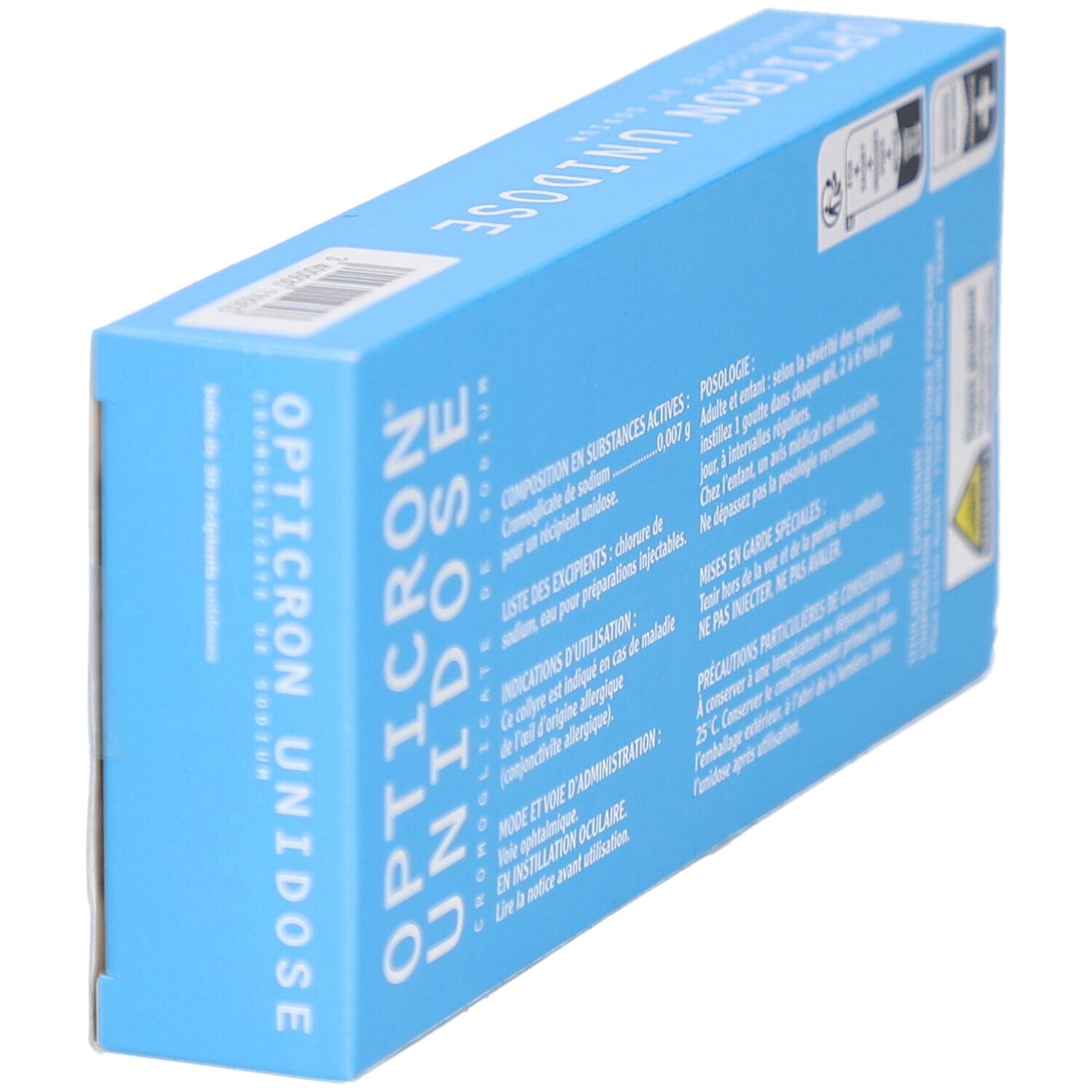 Boîte bleue. Inscription OPTICRON UNIDOSE. Texte et symboles au dos. Vue en biais.