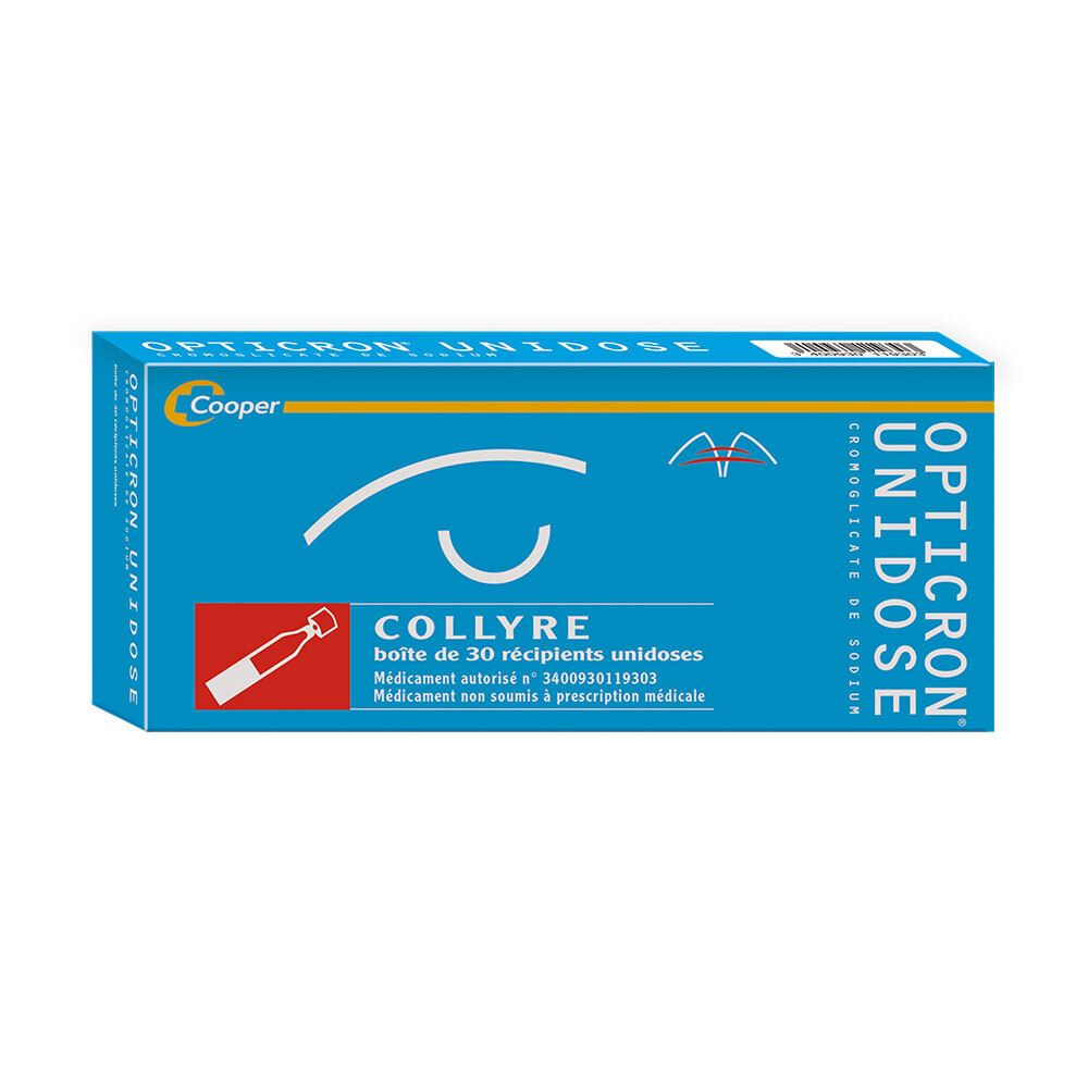Boîte bleue avec texte blanc. Contient 30 unidoses de collyre. Marque: OPTICRON UNIDOSE.