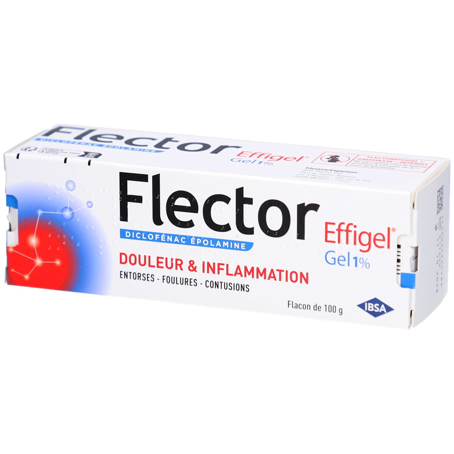 Boîte blanche Flector Effigel Gel 1%. Inscription: Douleur & Inflammation. Flacon de 100 g.