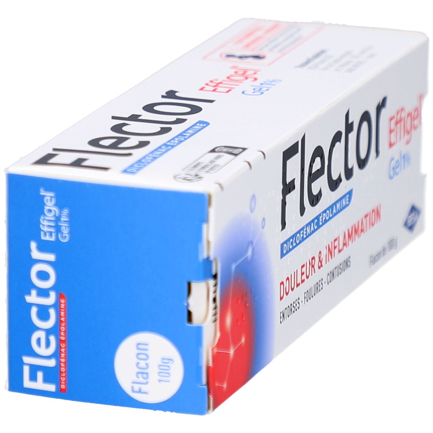 Boîte Flector Effigel Gel 1%. Côté bleu avec Flacon 100g. Inscription: Douleur & Inflammation.