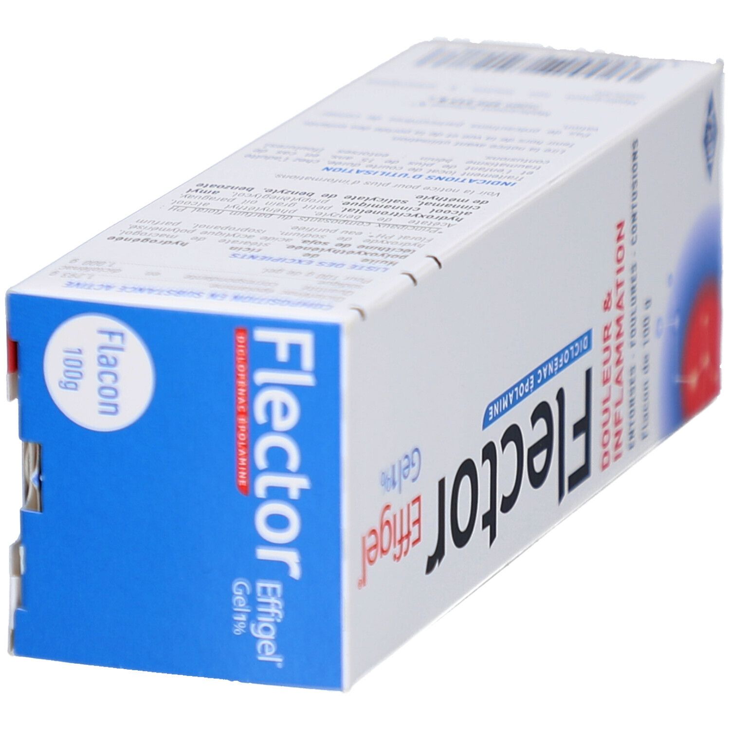 Boîte Flector Effigel Gel 1%. Côté bleu avec Flacon 100g. Inscription: Douleur & Inflammation.