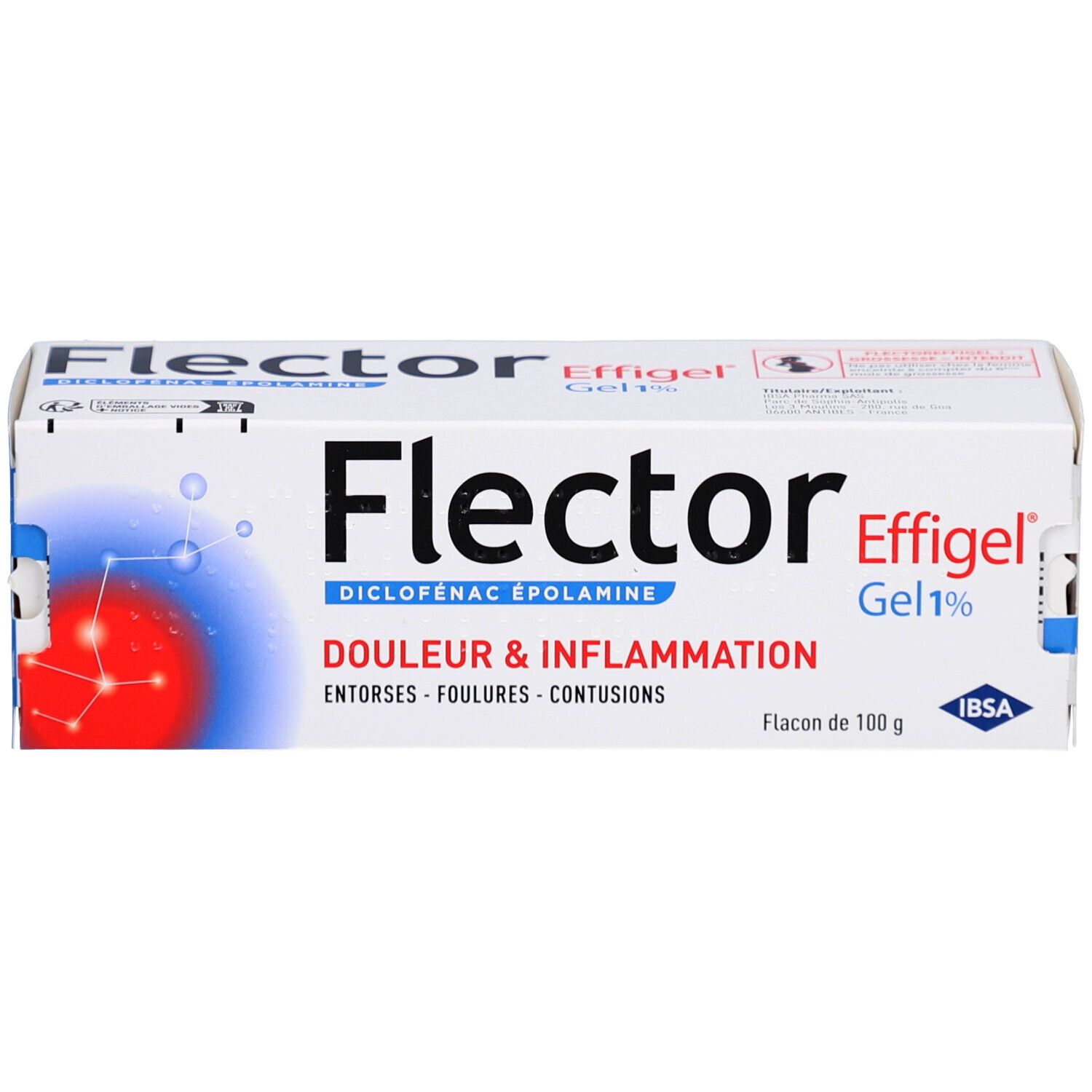 Boîte blanche Flector Effigel Gel 1%. Inscription: Douleur & Inflammation. Flacon de 100 g.