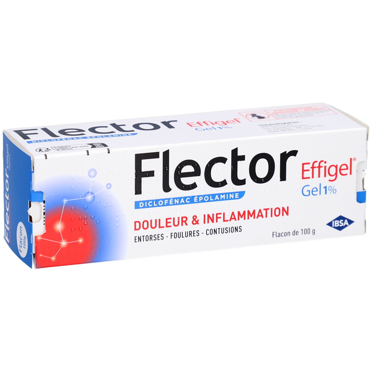 Boîte blanche Flector Effigel Gel 1%. Inscription: Douleur & Inflammation. Flacon de 100 g.