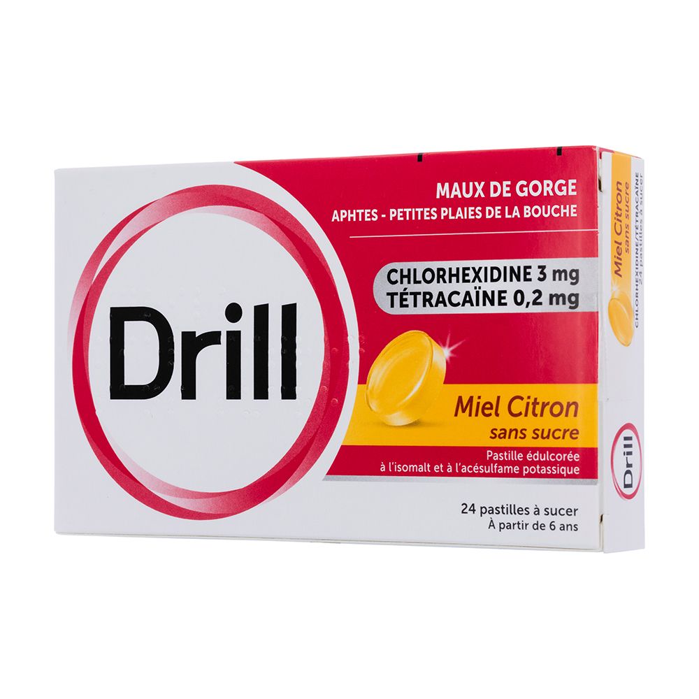 Boîte de pastilles DRILL. Cercle rouge avec texte blanc. Texte: Maux de gorge, Miel Citron sans sucre, 24 pastilles.