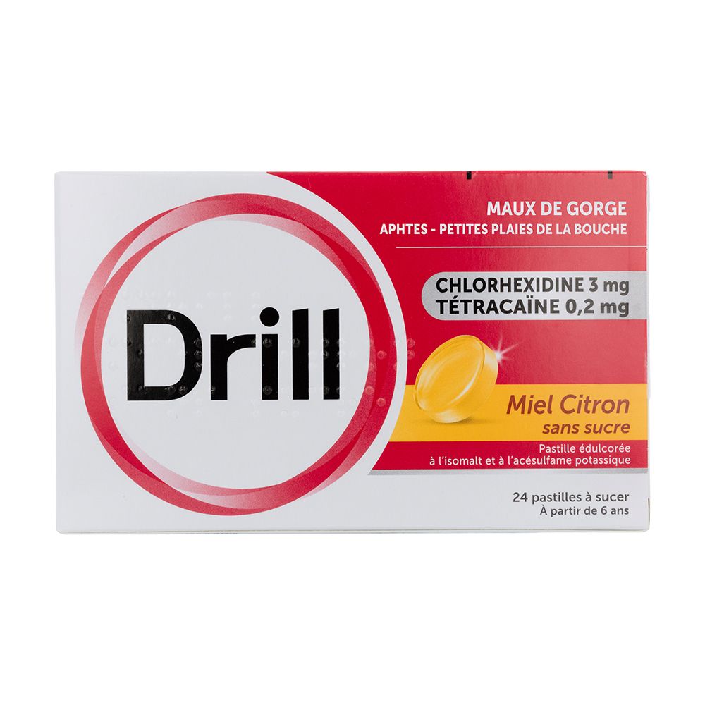 Boîte de pastilles DRILL. Cercle rouge avec texte blanc. Texte: Maux de gorge, Miel Citron sans sucre, 24 pastilles.