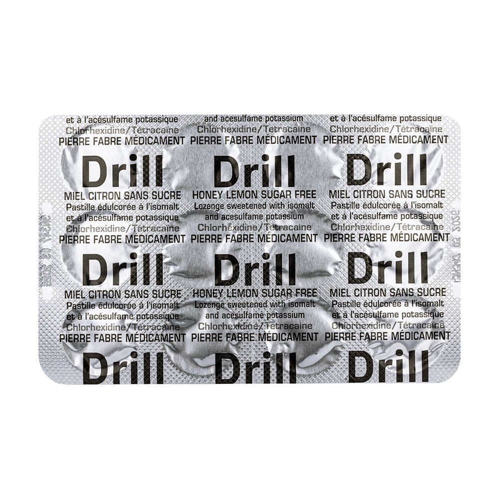 Plaquette de pastilles DRILL. Texte: DRILL, Miel Citron sans sucre. Pastilles individuelles visibles.