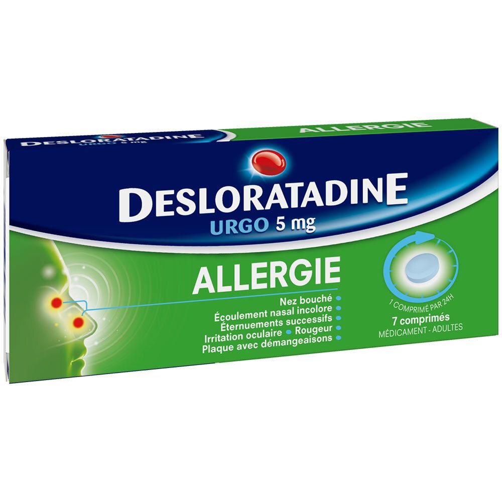 Boîte URGO Allergie Desloratadine 5 mg, 7 comprimés pour adultes.