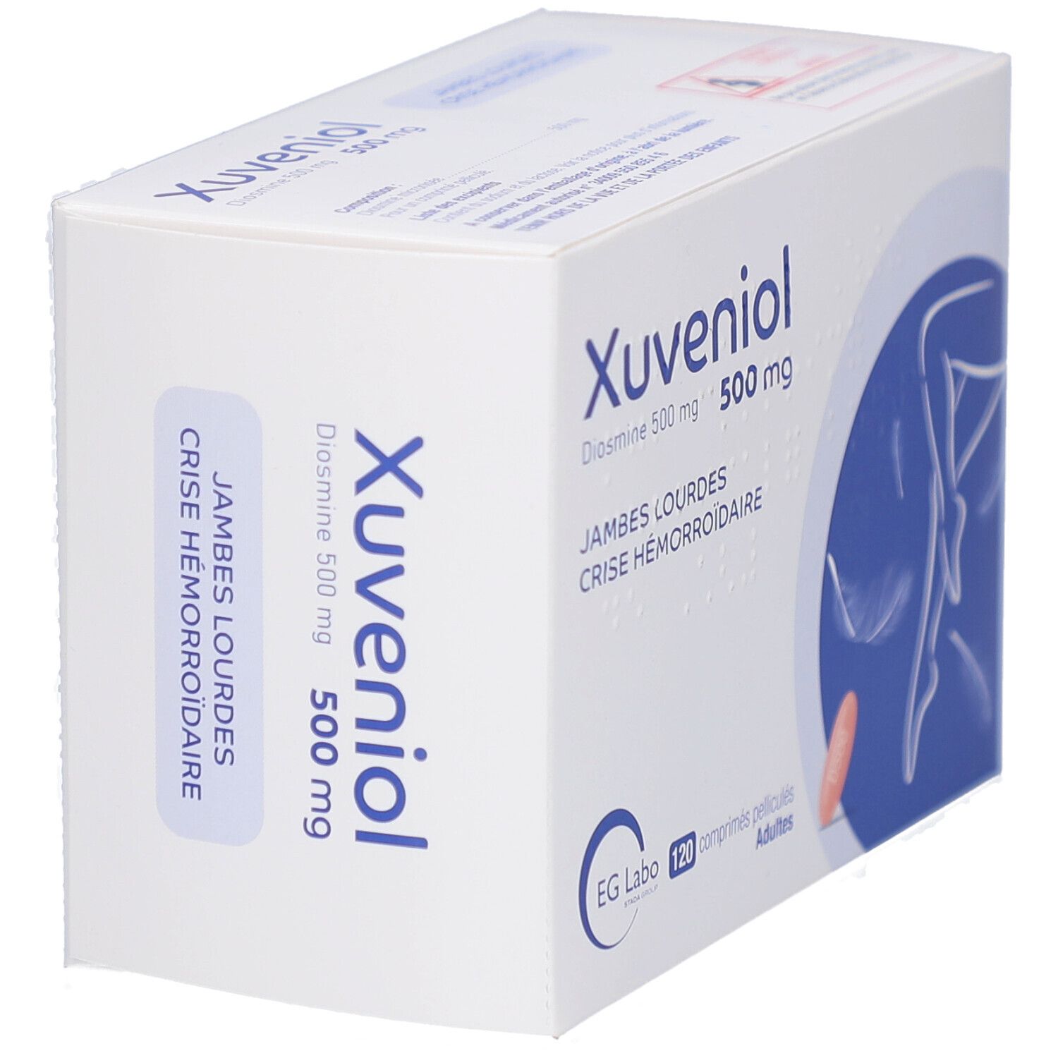 Boîte XUVENIOL 500 mg. Inscription: Jambes lourdes, Crise hémorroïdaire. 120 comprimés. Vue en biais.