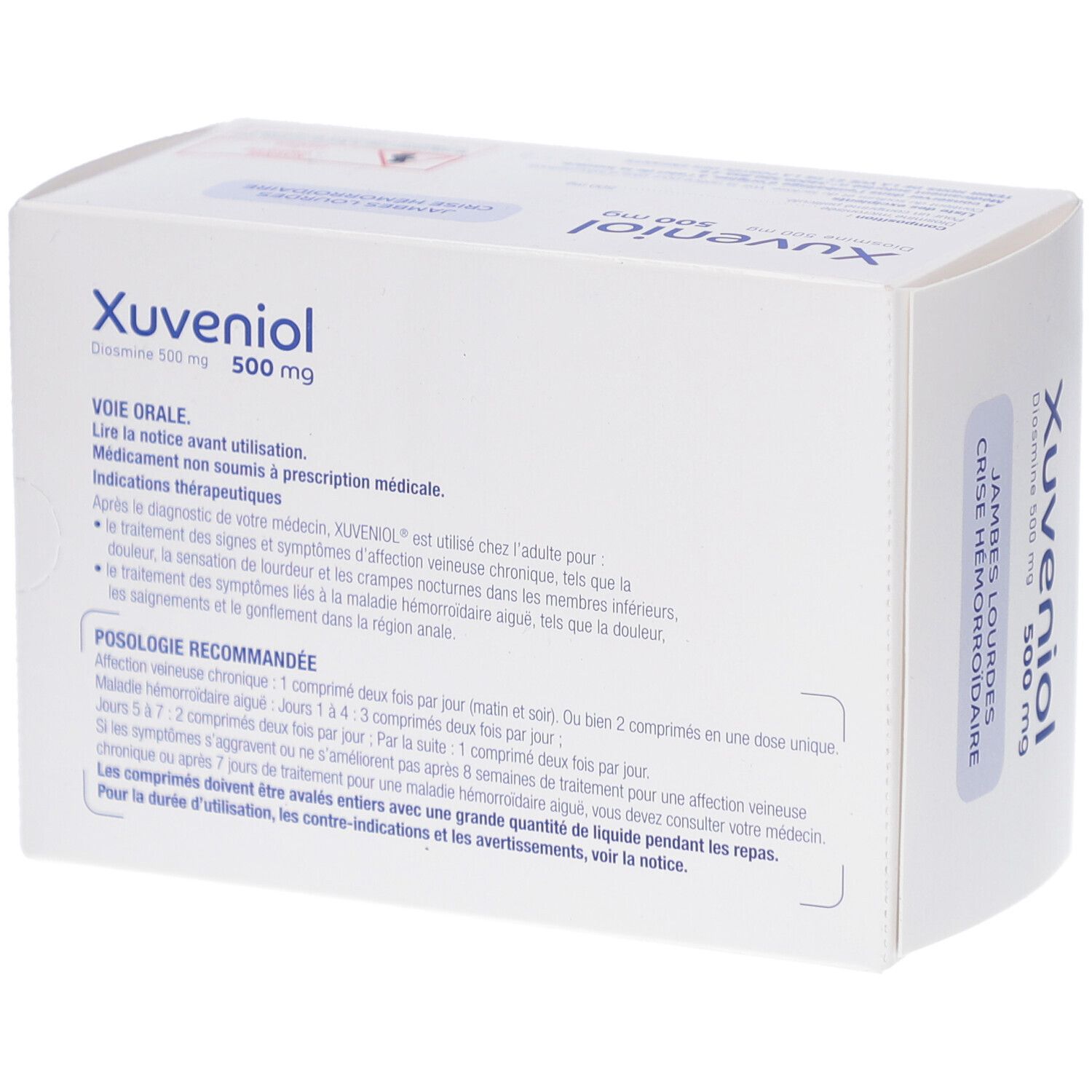 Boîte XUVENIOL 500 mg. Dos, texte: mode d'emploi, posologie. Fond blanc.