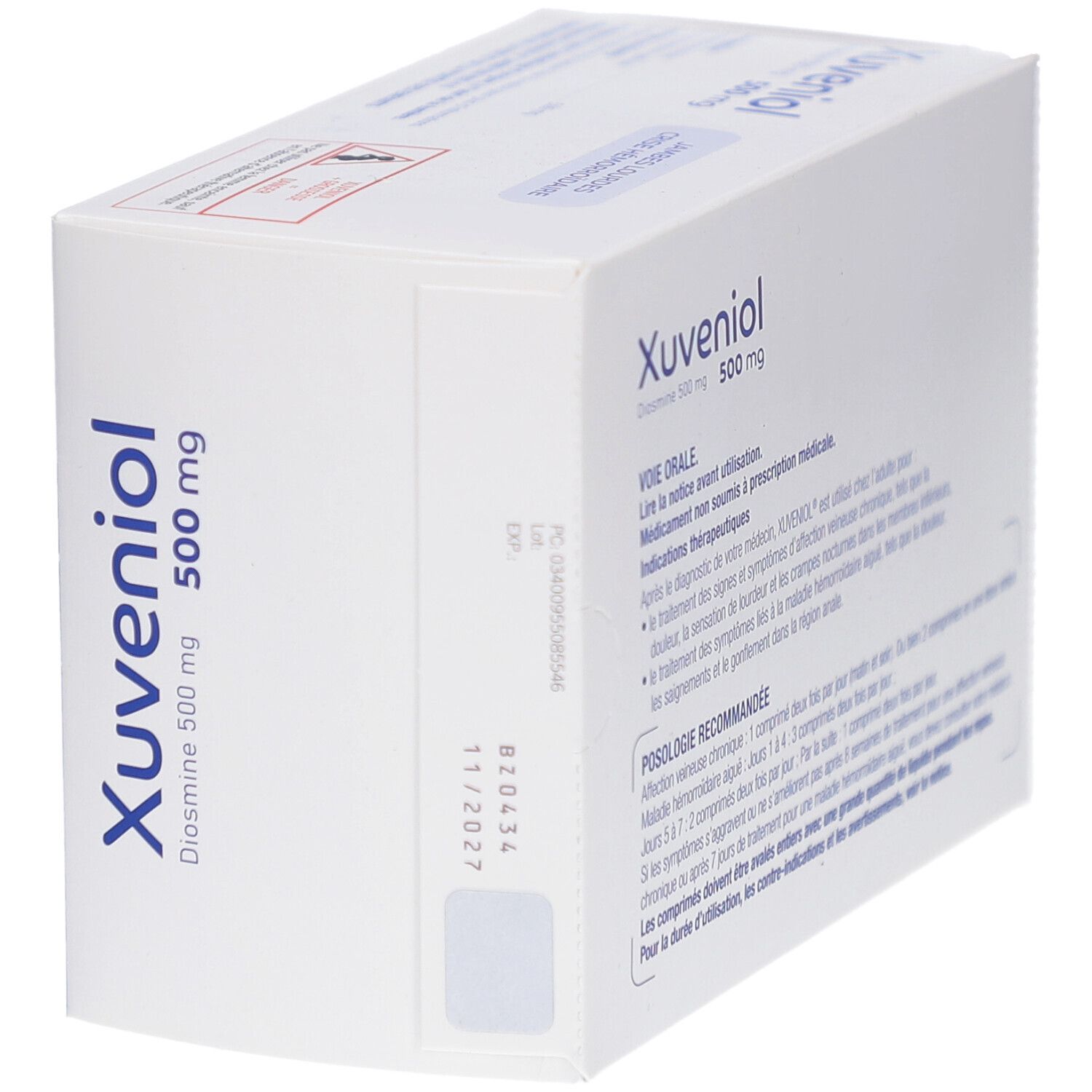 Boîte XUVENIOL 500 mg. Dos avec texte et date de péremption. Fond blanc.