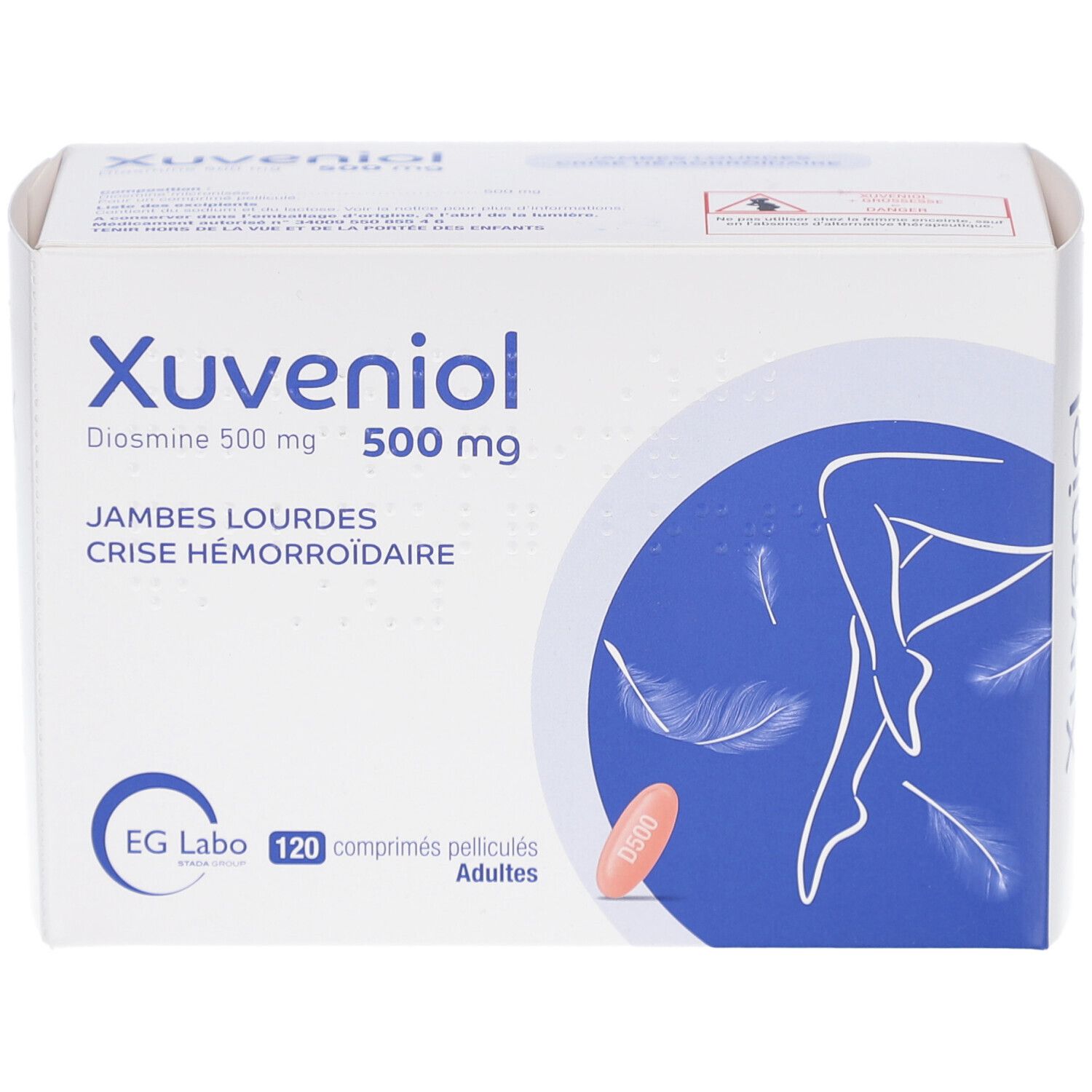 Boîte XUVENIOL 500 mg. Inscription: Jambes lourdes, Crise hémorroïdaire. 120 comprimés. Illustration de jambes et plumes.
