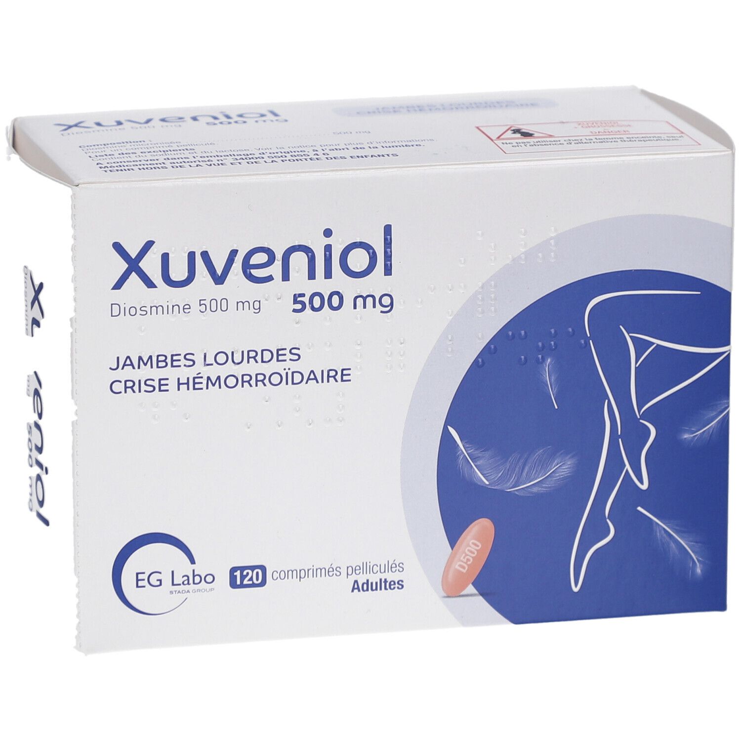 Boîte XUVENIOL 500 mg. Inscription: Jambes lourdes, Crise hémorroïdaire. 120 comprimés. Vue en biais.