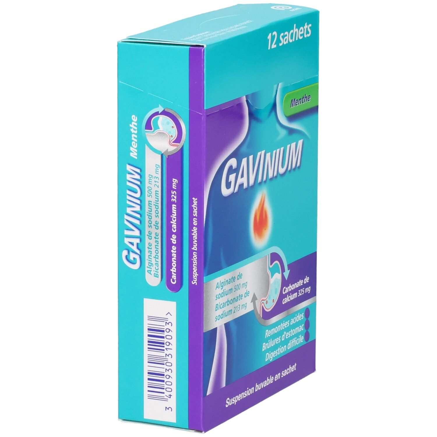 GAVINIUM : Vue latérale de la boîte de 12 sachets, suspension buvable.