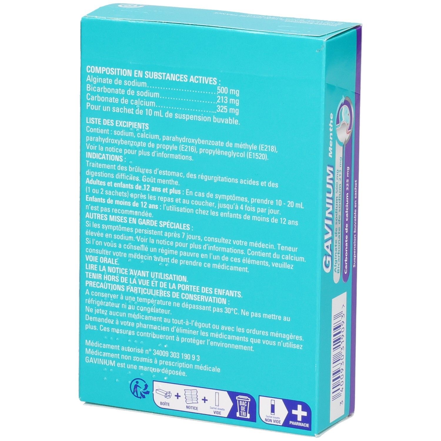 GAVINIUM : Arrière de la boîte de 12 sachets, composition et indications.