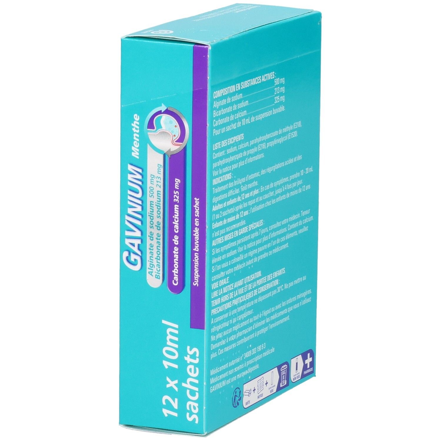 GAVINIUM : Vue latérale de la boîte de 12 sachets, suspension buvable.