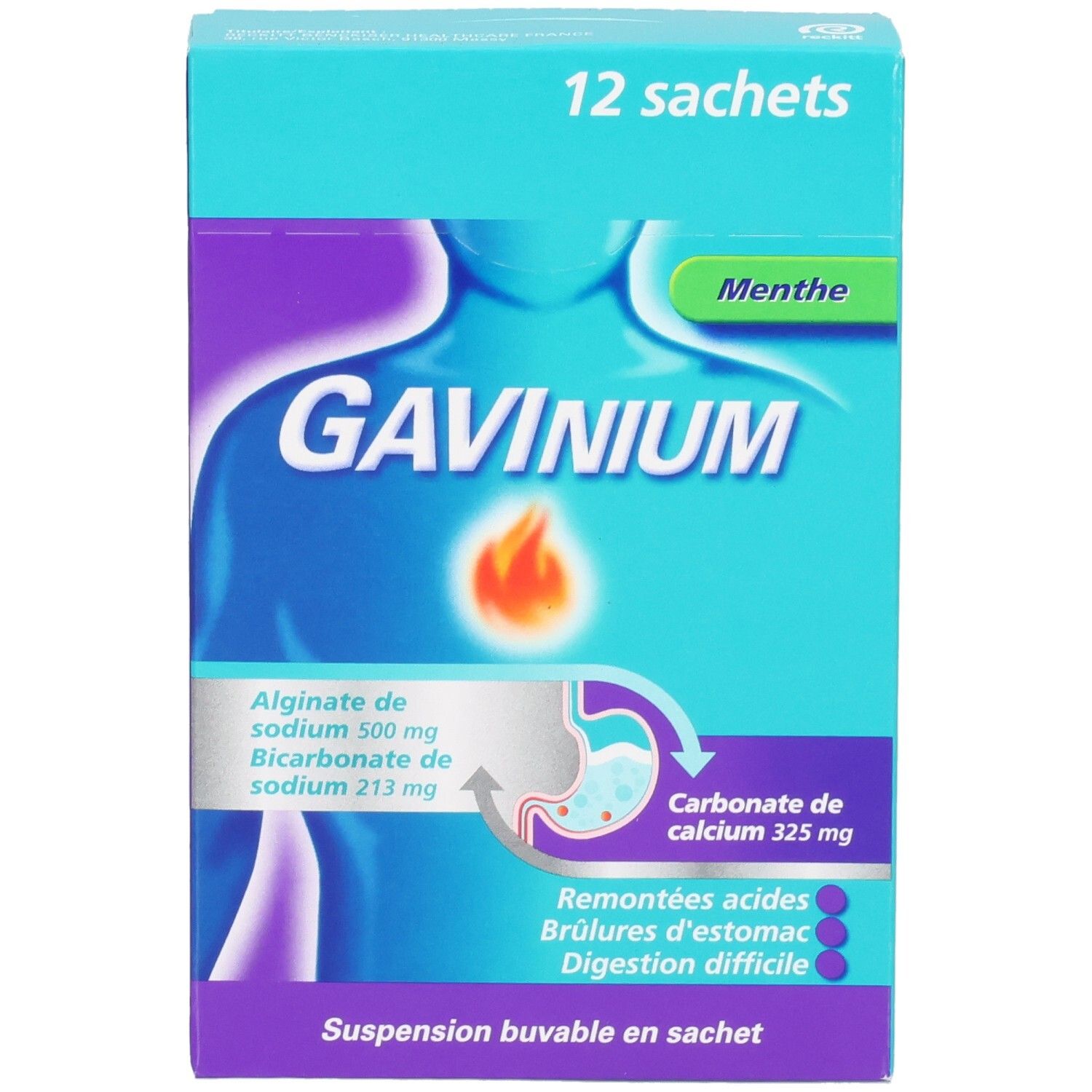 GAVINIUM : Face avant de la boîte de 12 sachets, suspension buvable, goût menthe.