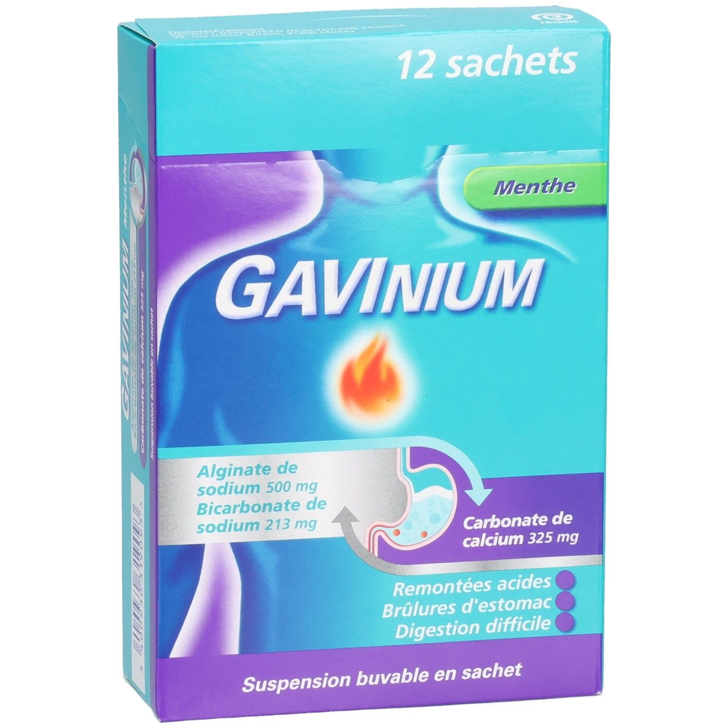 GAVINIUM : Boîte de 12 sachets, suspension buvable, goût menthe.