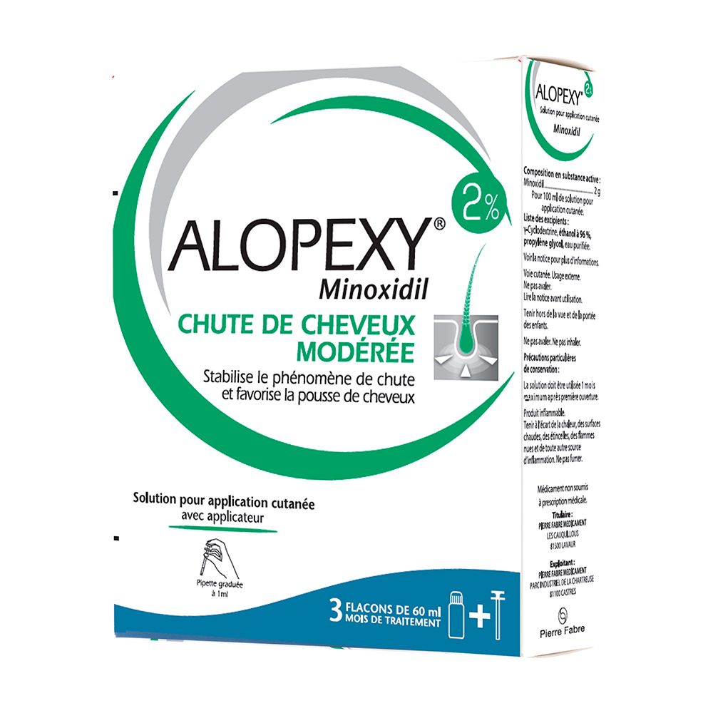 Boîte ALOPEXY 2%. Contient 3 flacons et applicateur. Texte : Chute de cheveux modérée. Solution pour application cutanée.