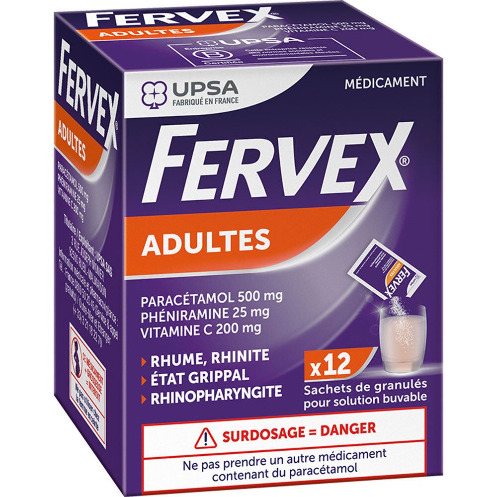 Boîte de Fervex Adultes, 12 sachets. Contient paracétamol, phéniramine, vitamine C. Emballage orange et violet.