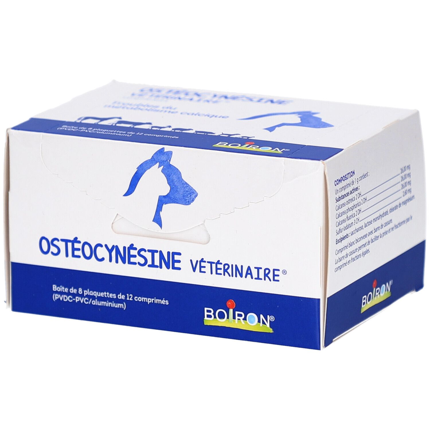 Boîte OSTÉOCYNÉSINE VÉTÉRINAIRE. Emballage bleu et blanc avec logo et nom du produit. Contient 8 plaquettes de 12 comprimés.