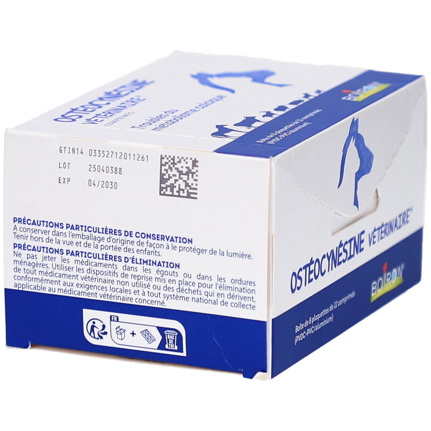 Boîte OSTÉOCYNÉSINE VÉTÉRINAIRE, vue latérale. Contient des informations sur le numéro de lot, la date d'expiration et les précautions.