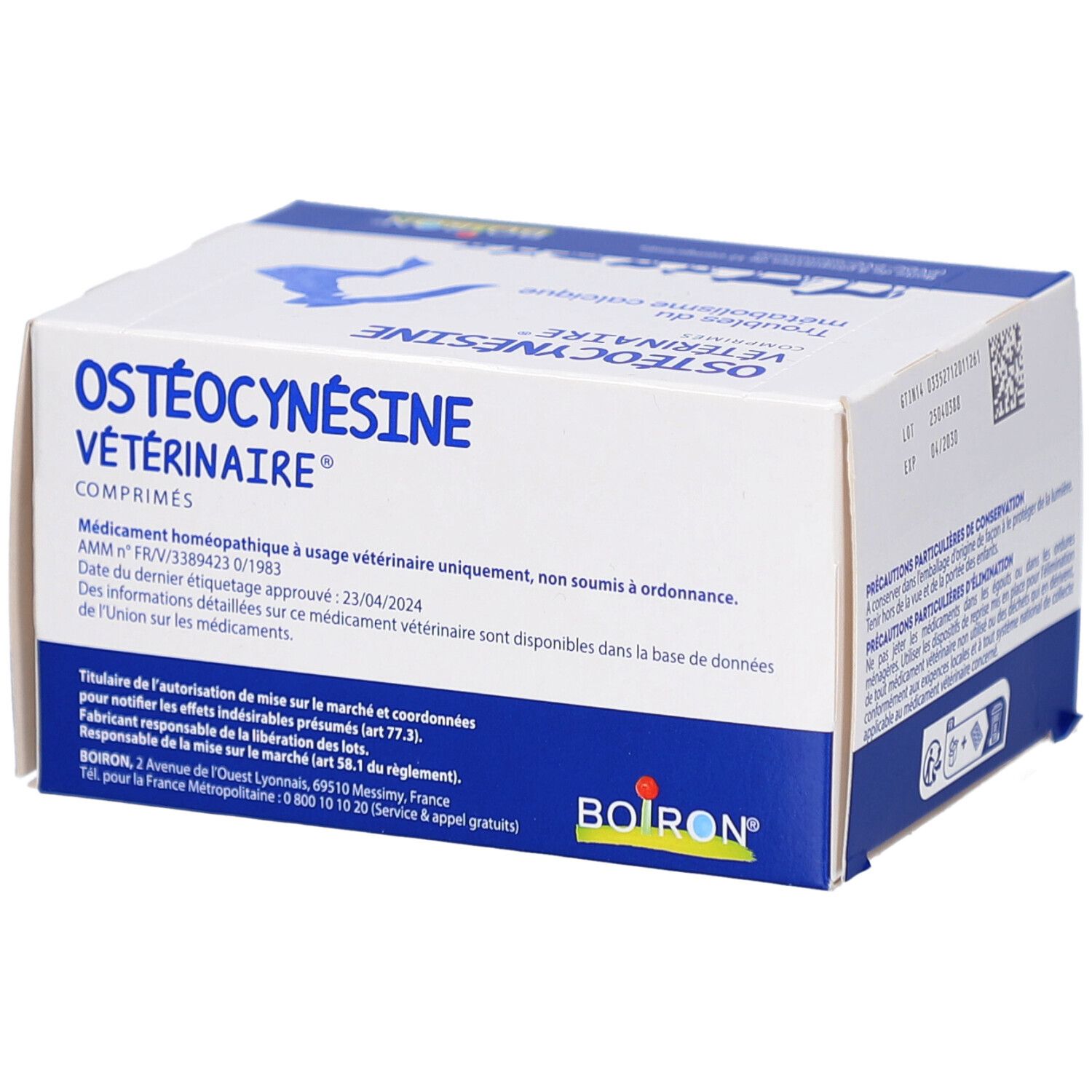 Boîte OSTÉOCYNÉSINE VÉTÉRINAIRE. Contient des informations sur la composition et l'utilisation homéopathique.