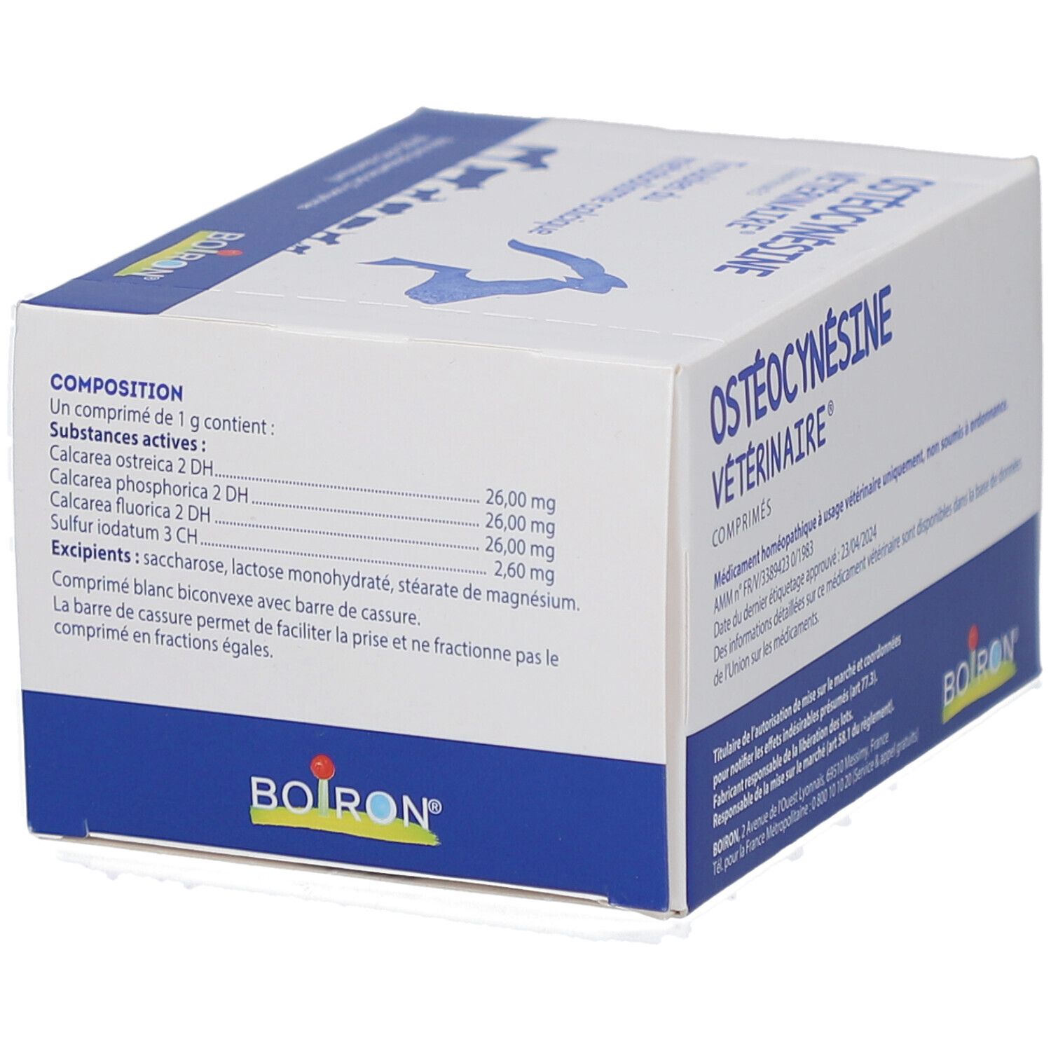 Boîte OSTÉOCYNÉSINE VÉTÉRINAIRE. Contient des informations sur la composition des comprimés et les ingrédients.