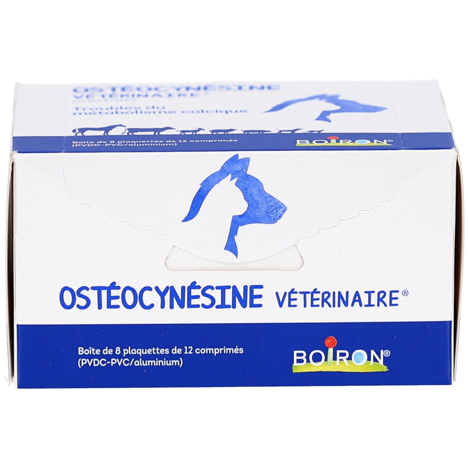Boîte OSTÉOCYNÉSINE VÉTÉRINAIRE. Contient 8 plaquettes de 12 comprimés. Emballage bleu et blanc avec logo et nom du produit.