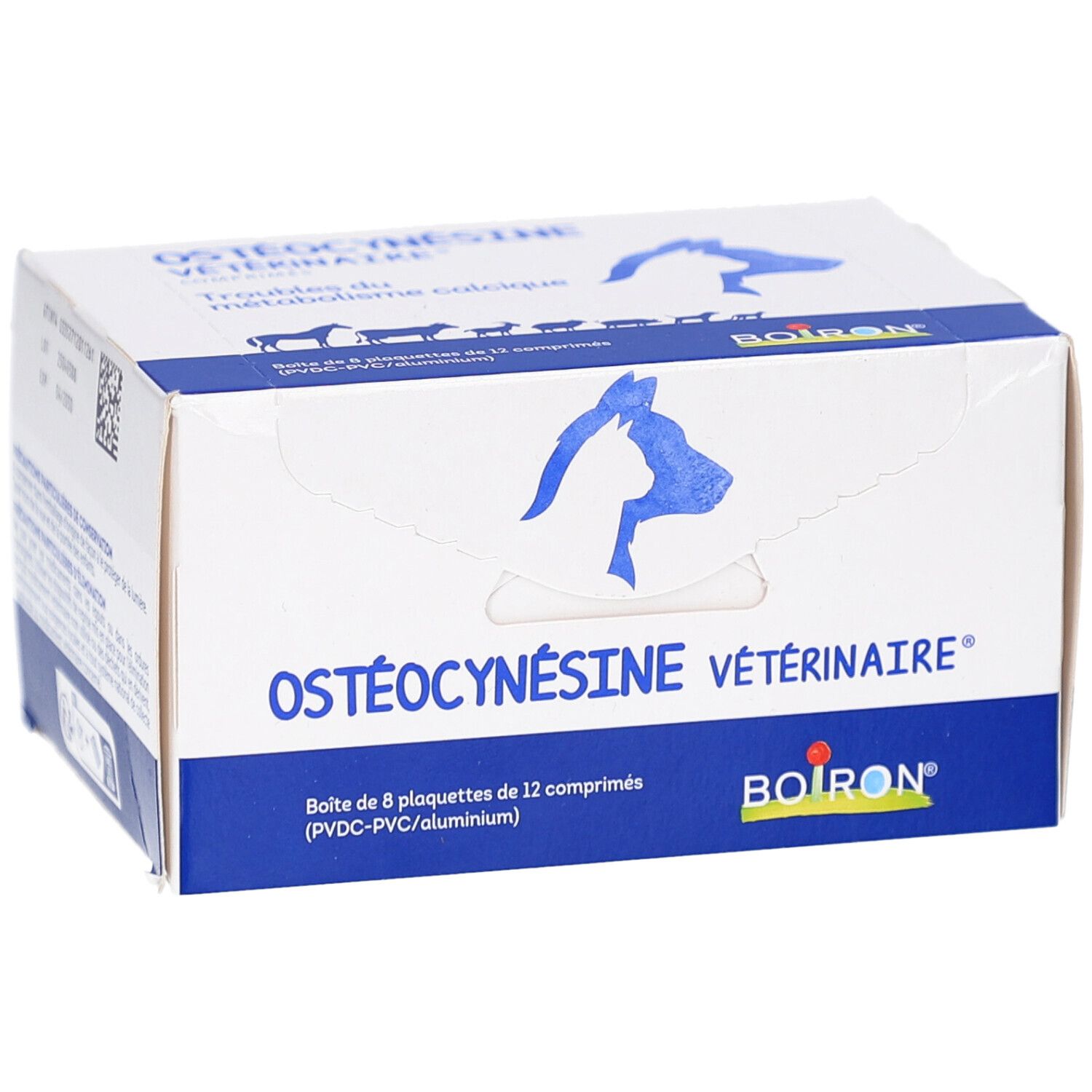 Boîte OSTÉOCYNÉSINE VÉTÉRINAIRE. Emballage bleu et blanc avec logo et nom du produit. Contient 8 plaquettes de 12 comprimés.