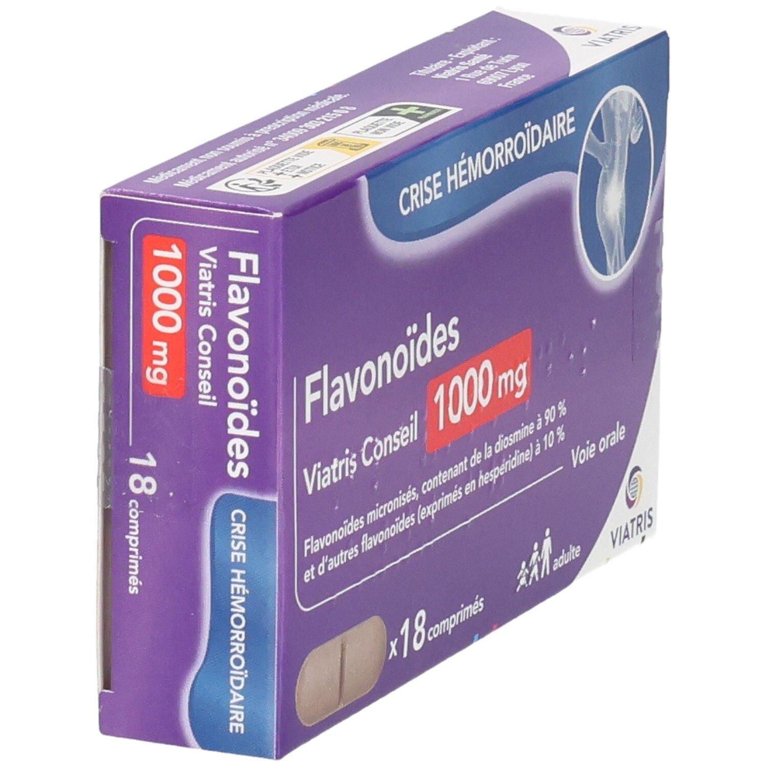 Viatris Flavonoïdes 1000 mg boîte de 18 comprimés, vue latérale.