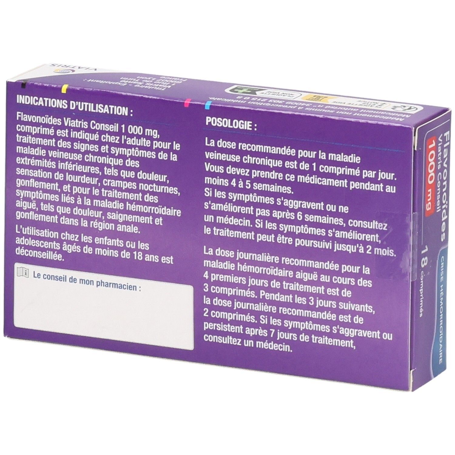 Viatris Flavonoïdes 1000 mg boîte, verso avec informations d'utilisation.