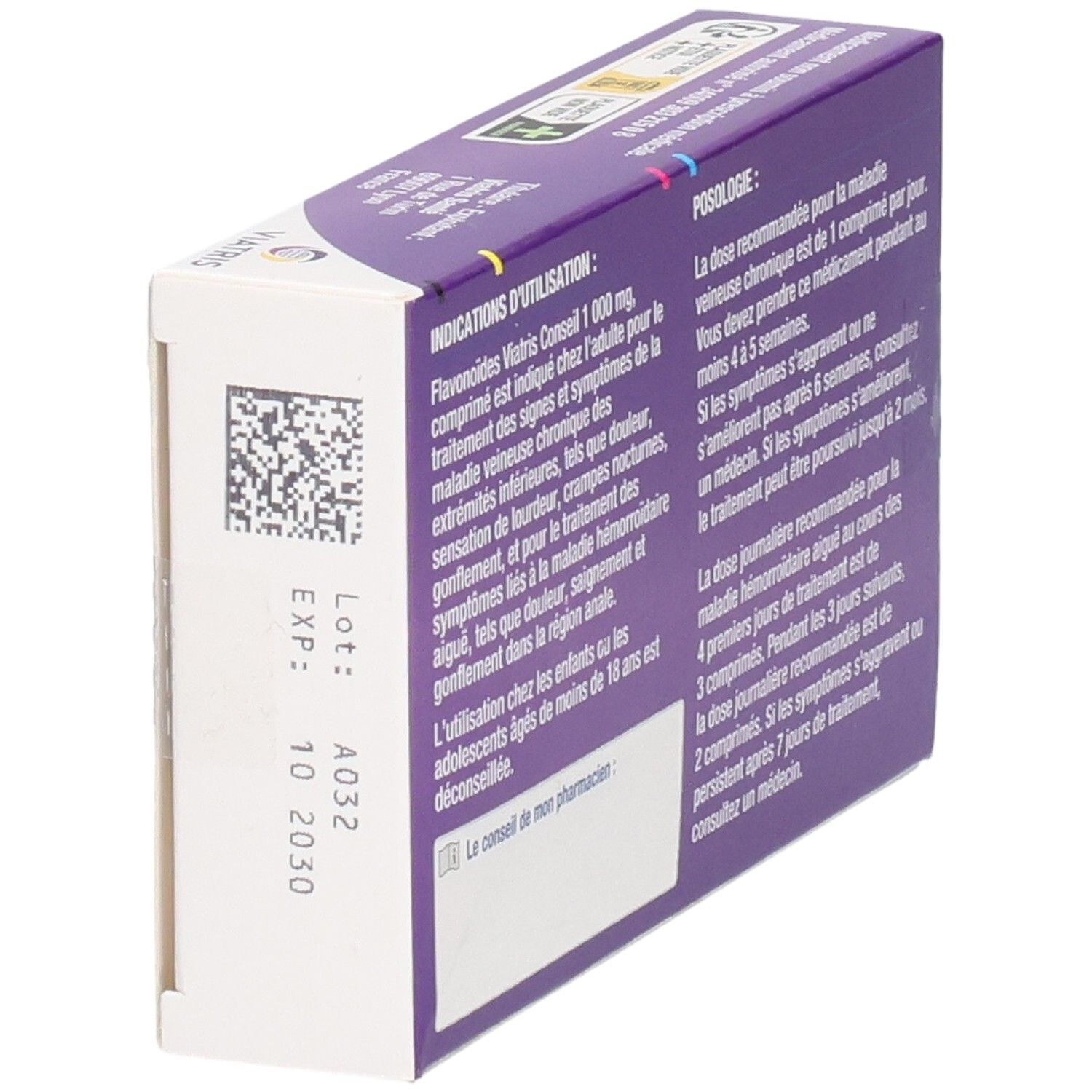 Viatris Flavonoïdes 1000 mg boîte, côté avec numéro de lot et date d'expiration.
