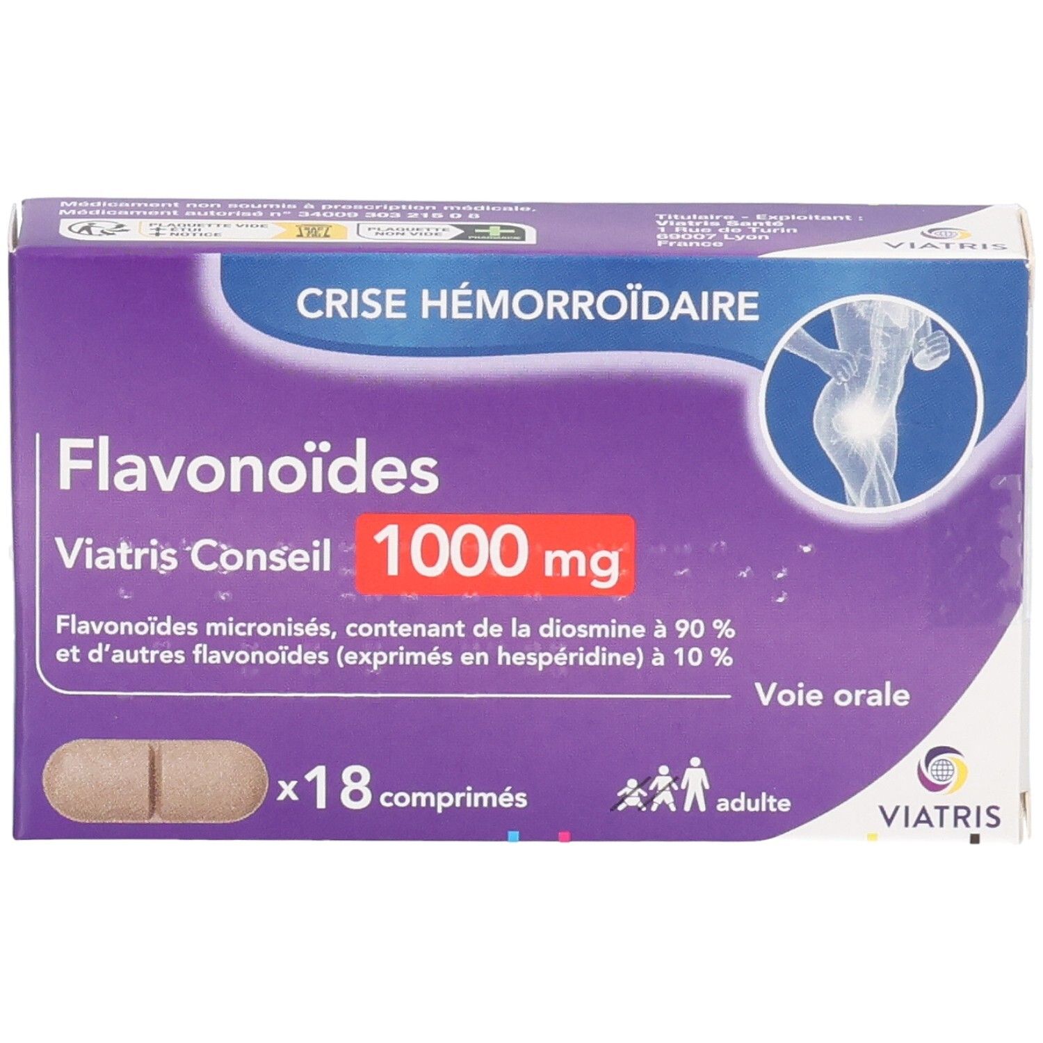 Viatris Flavonoïdes 1000 mg boîte de 18 comprimés, vue de face.