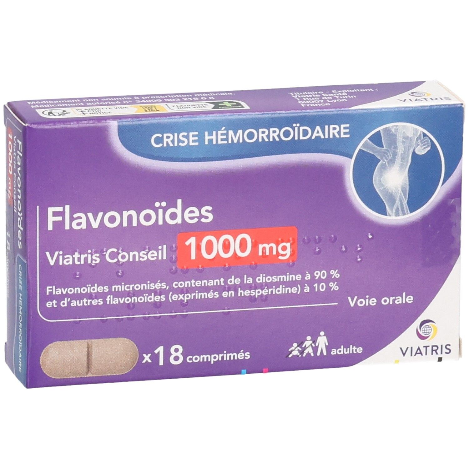 Viatris Flavonoïdes 1000 mg boîte de 18 comprimés, légèrement en biais de face.