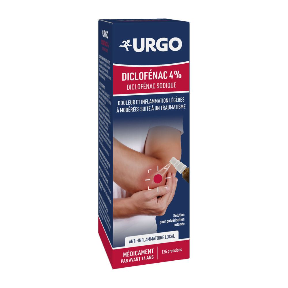 Emballage Urgo Diclofénac 4% Spray avec illustration d'un bras traité pour la douleur.