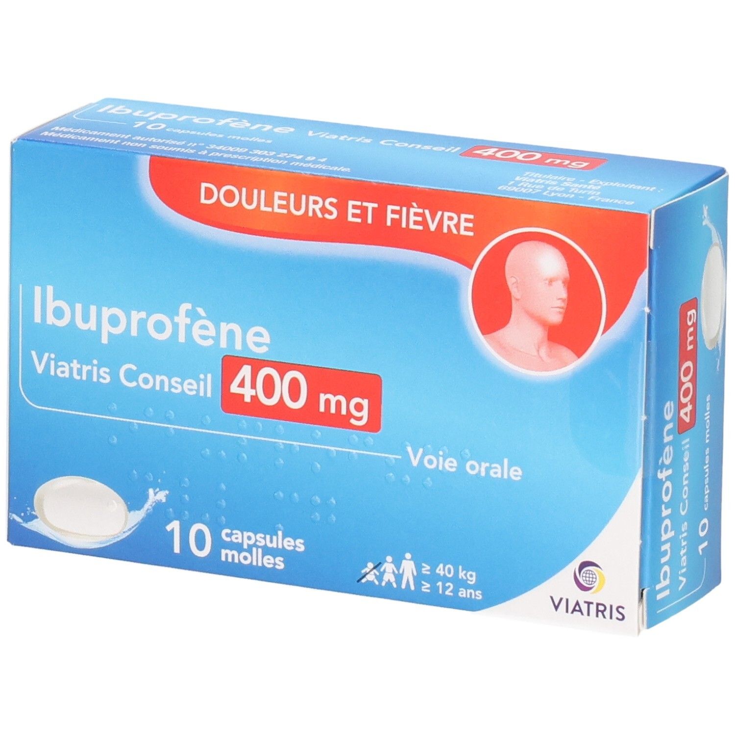 Ibuprofène Viatris Conseil 400 mg, 10 capsules molles. Boîte avec symboles douleur et fièvre.