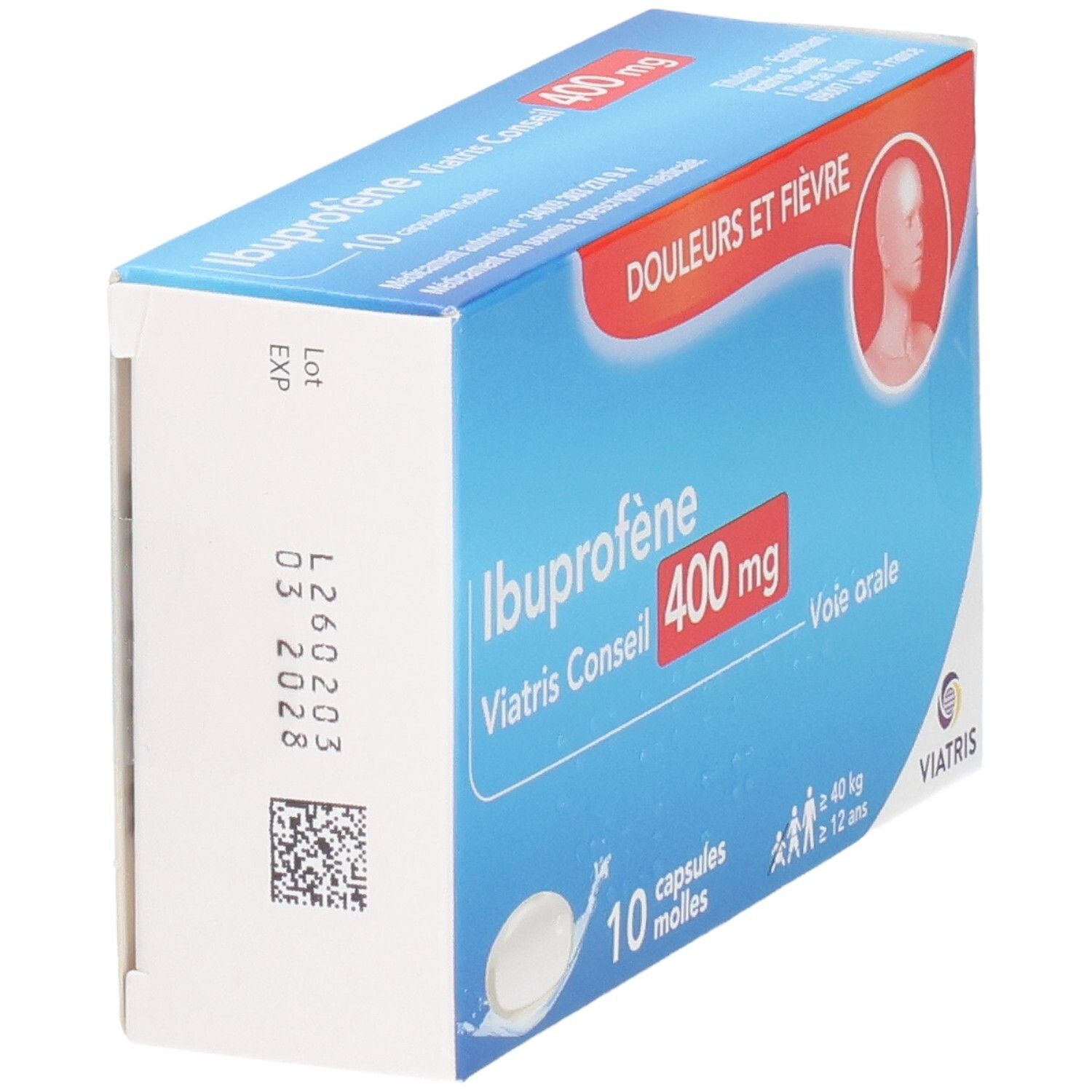 Ibuprofène Viatris Conseil 400 mg, 10 capsules molles. Vue latérale avec numéro de lot et date d'expiration.