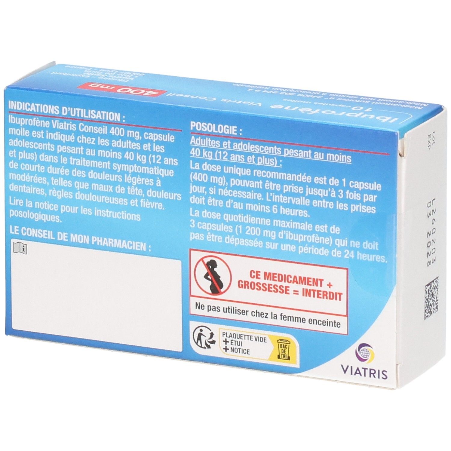 Arrière de la boîte Ibuprofène Viatris Conseil 400 mg. Contient des indications et avertissements.