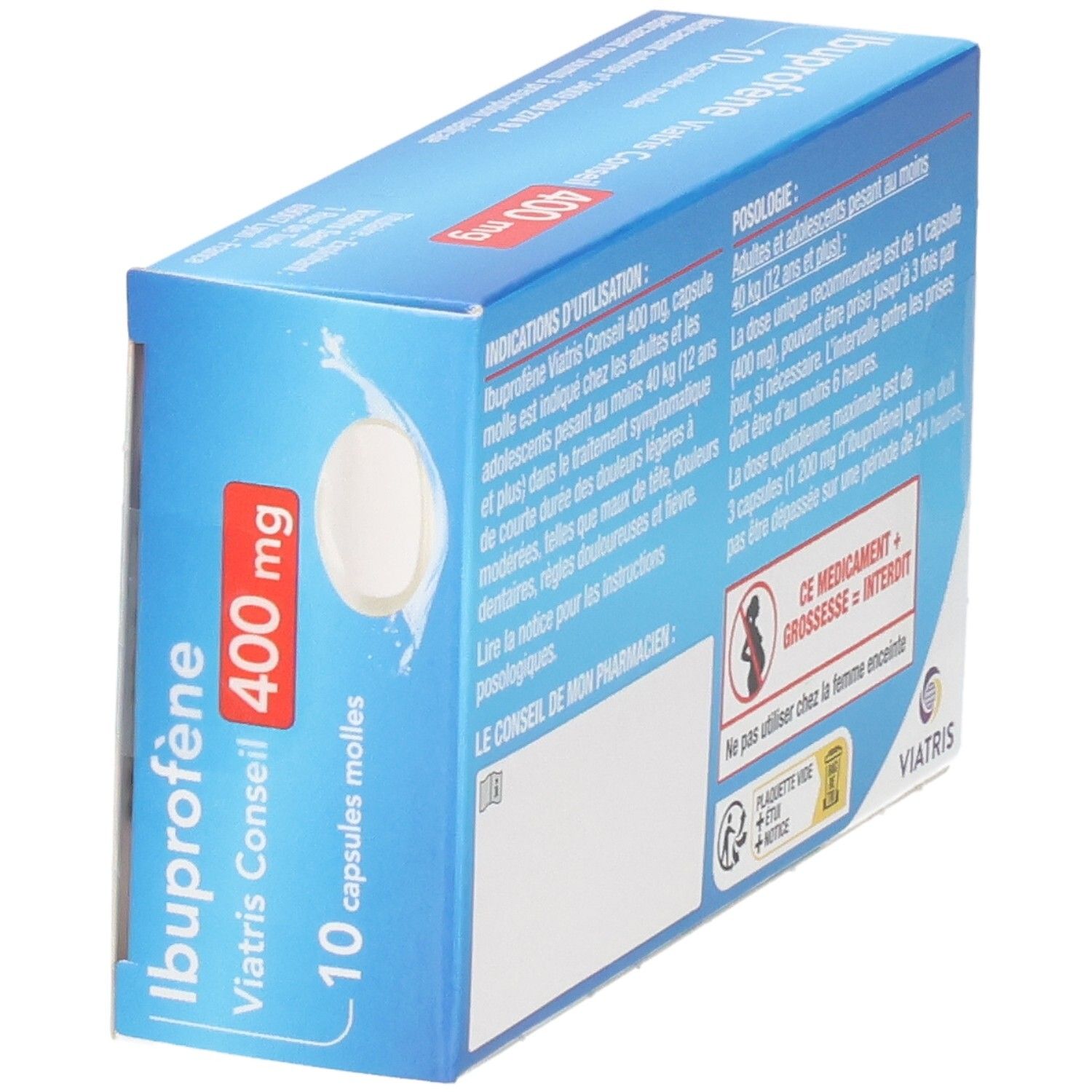 Ibuprofène Viatris Conseil 400 mg, 10 capsules molles. Vue latérale avec informations produit.