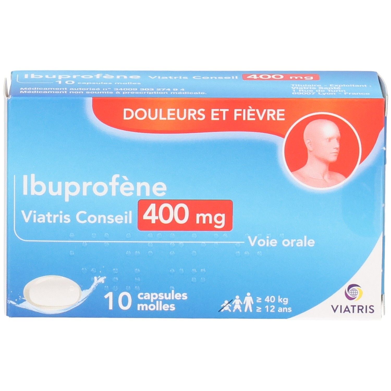 Ibuprofène Viatris Conseil 400 mg, 10 capsules molles. Boîte avec symboles douleur et fièvre.