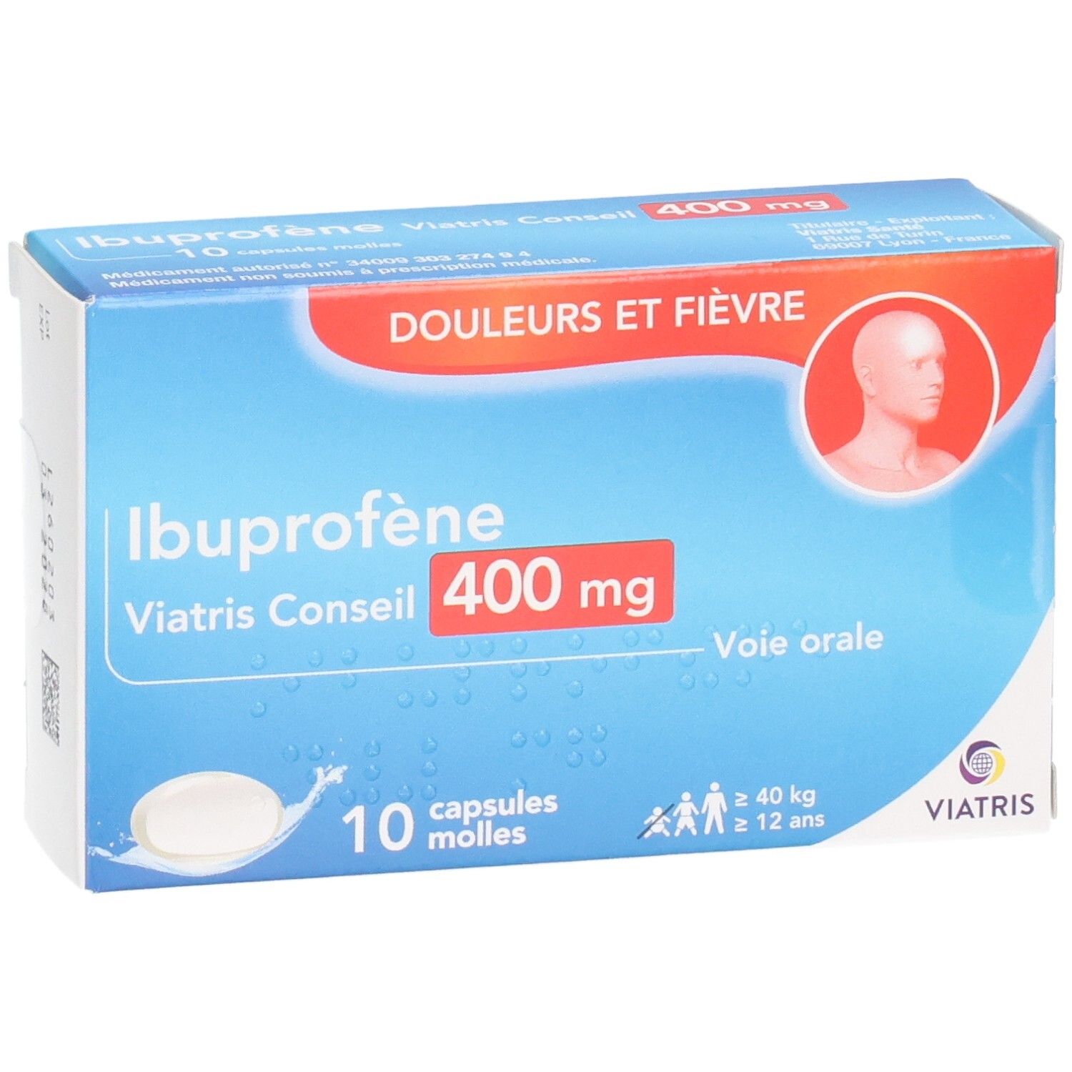 Ibuprofène Viatris Conseil 400 mg, 10 capsules molles. Boîte avec symboles douleur et fièvre.