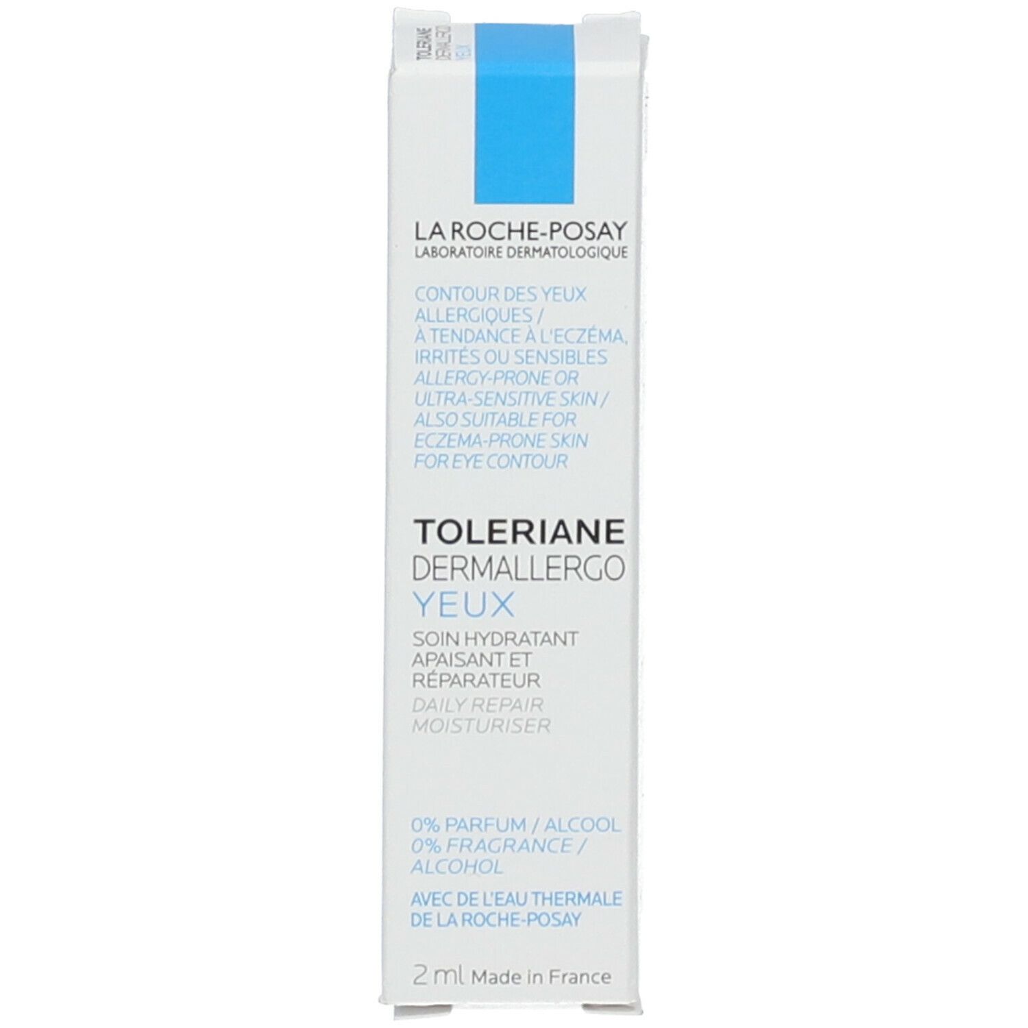 Emballage en carton blanc. Texte: TOLERIANE DERMALLERGO YEUX, soin hydratant. Contient 2 ml. Marque: La Roche-Posay.
