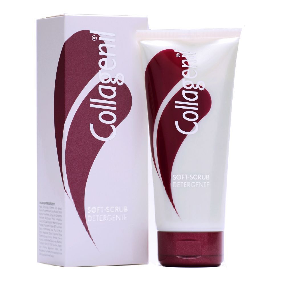 Tube et boîte blanches. Inscription: Collagenil, Soft-Scrub Detergente. Accent rouge.