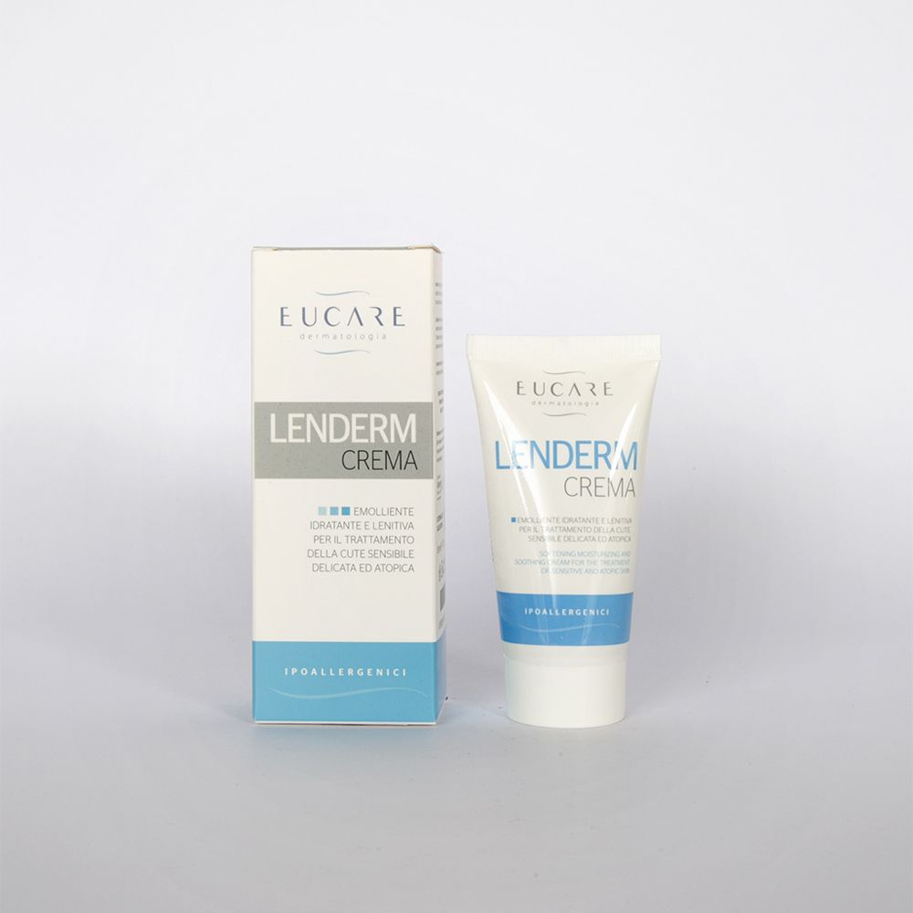 Tube et boîte de crème. Inscription : EUCARE Lenderm Crema. Texte en italien. Hypoallergénique.