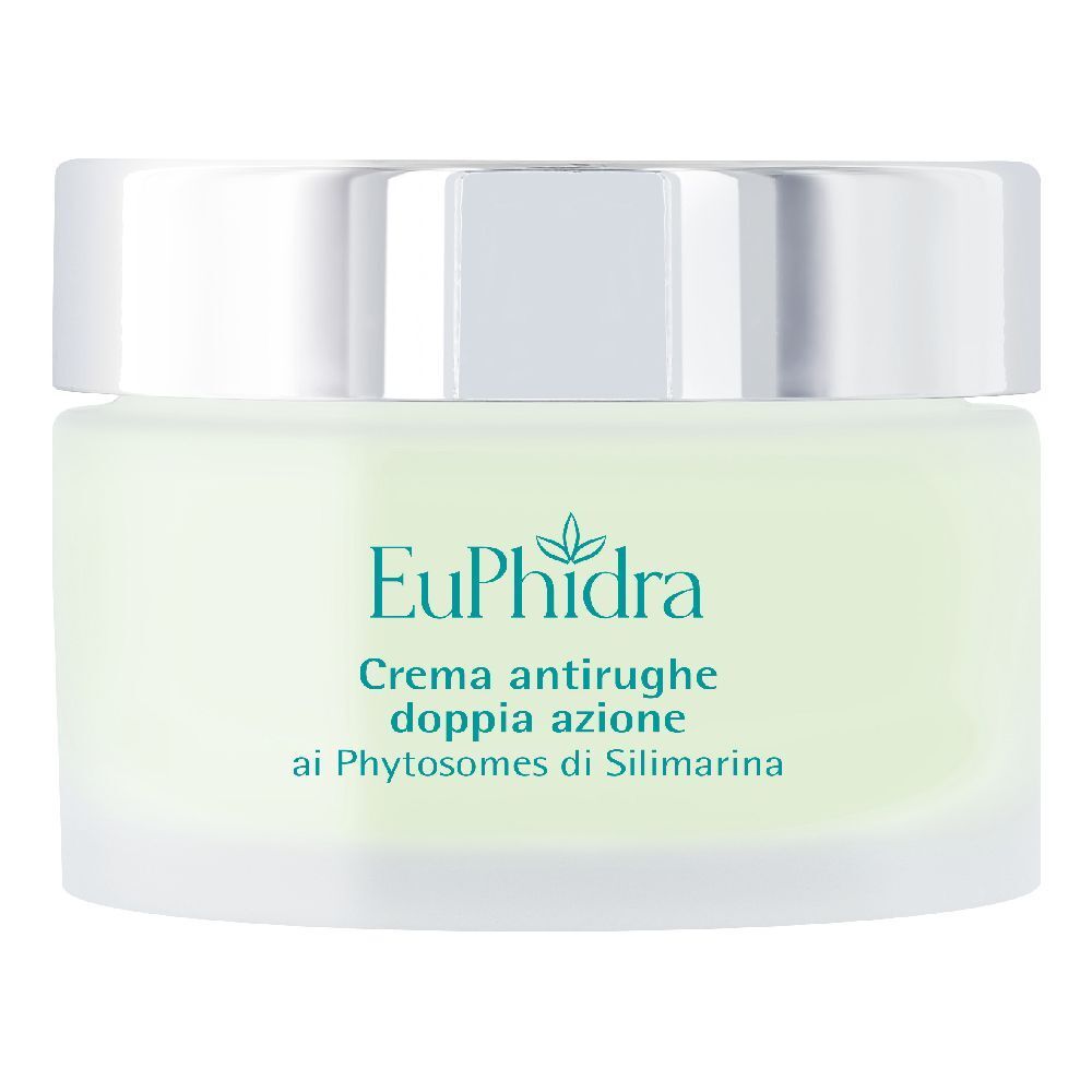 Pot de crème avec couvercle. Sur le pot, on lit "EuPhidra" et "Crema antirughe doppia azione".