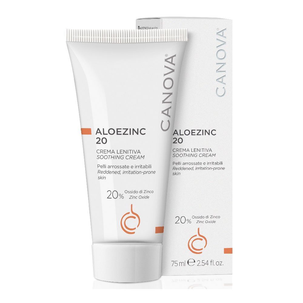 Tube et boîte de crème. Inscription: CANOVA, ALOEZINC 20, Crème lenitive, 20% oxyde de zinc. Pour peaux irritées.