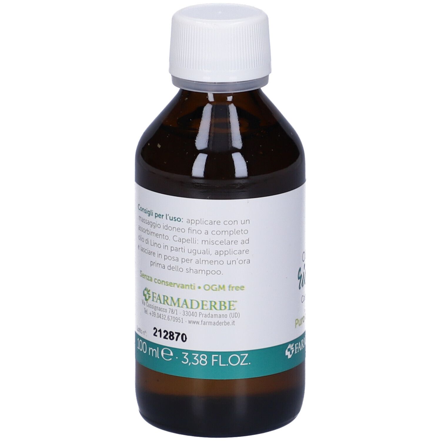 Flacon en verre brun avec bouchon blanc. Étiquette avec texte: Olio di ricino, 100% pur. Marque: Farmaderbe. Sans OGM. 100 ml.