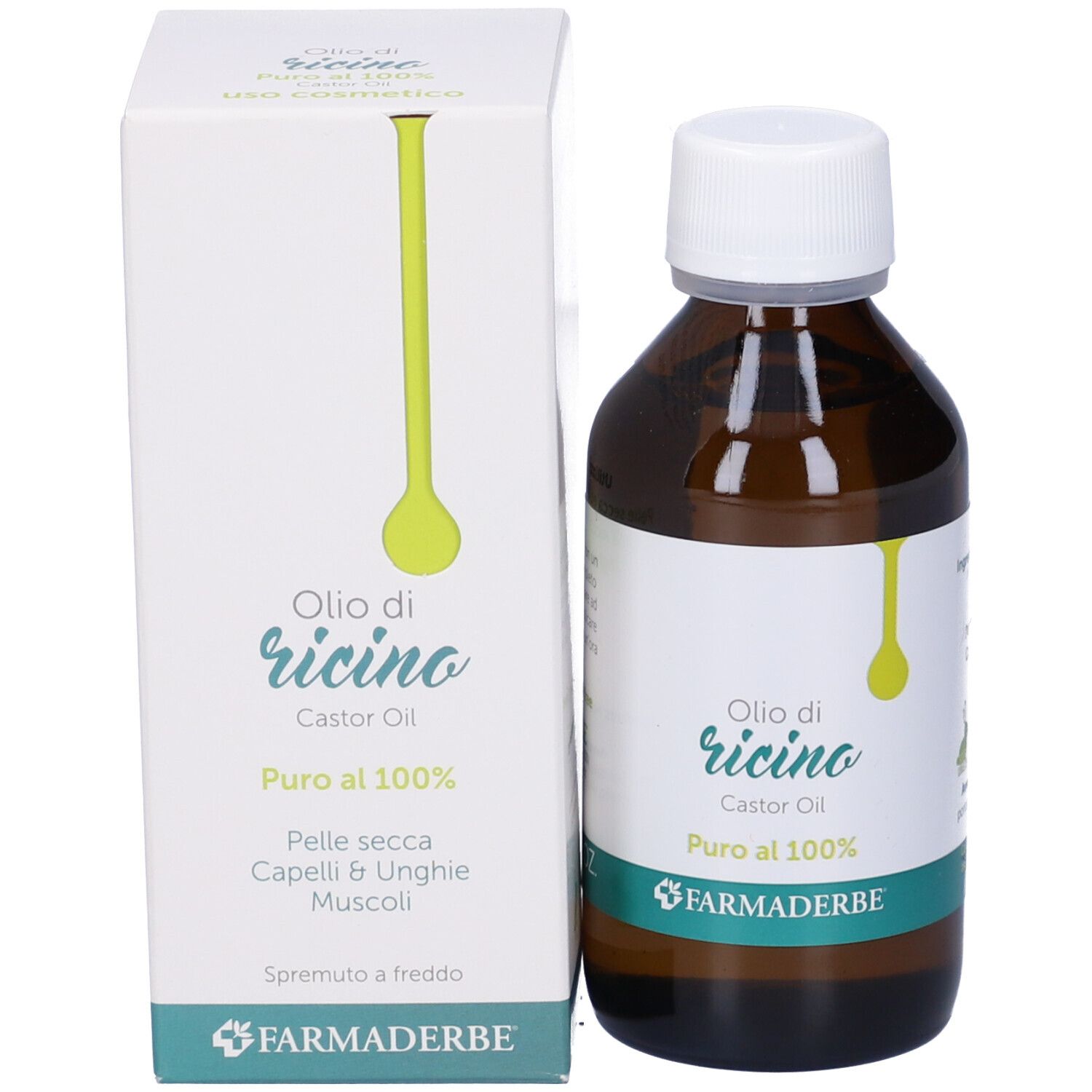 Emballage et flacon. Emballage blanc avec accents verts et flacon avec bouchon blanc. Texte: Olio di ricino, 100% pur. Marque: Farmaderbe.